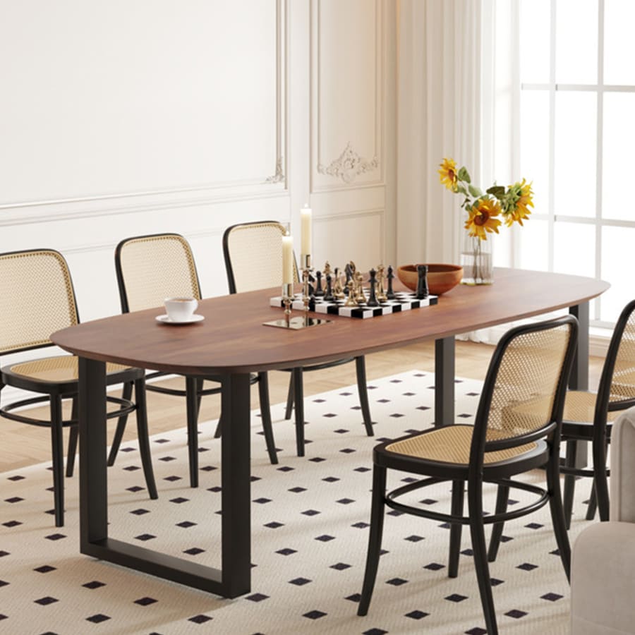 Table &agrave; manger ovale en bois de manguier clair pieds en m&eacute;tal noir 220 cm